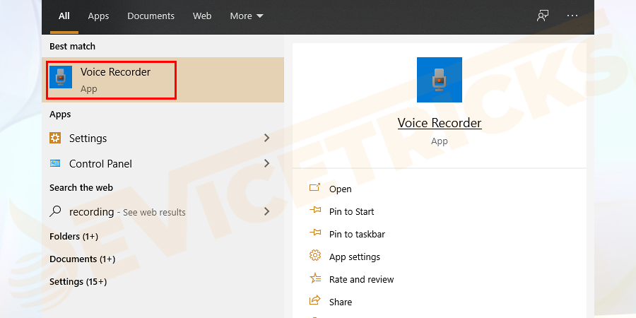 Press Windows + S and in the search bar type, Realtek Audio > and open the Realtek Audio Manager. You can also search for Voice Recorder to open the same.
