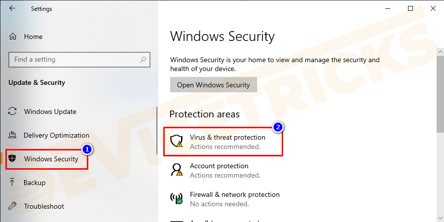 And click on Windows Security and then click Virus & threat protection.