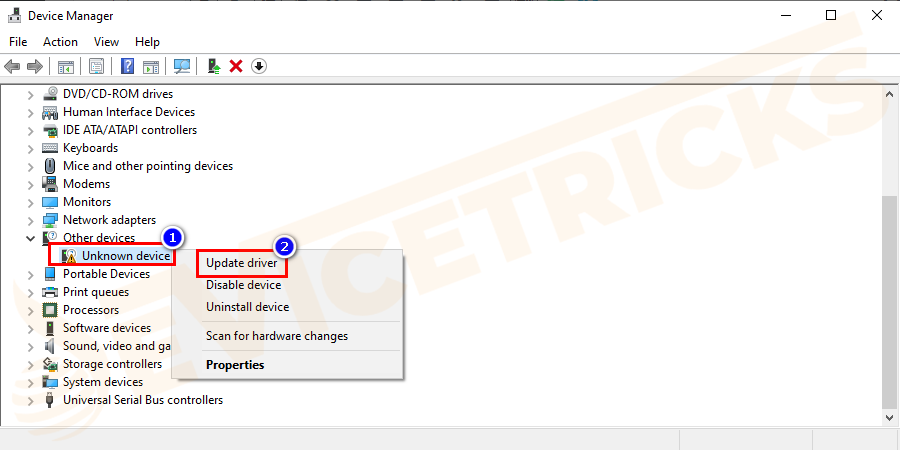Note: you can see a yellow error mark near the corrupted or outdated driver. Just right-click the driver with yellow mark sign > choose Update driver.