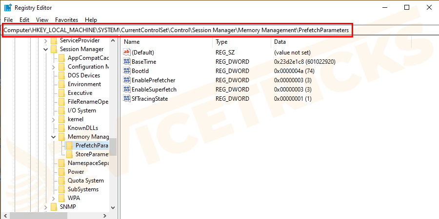 Then in the Registry Editor window, go to HKEY_LOCAL_MACHINE/SYSTEM/CurrentControlSet/Control/Session Manager/MemoryManagement/PrefetchParameters.