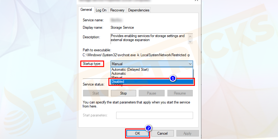 And from the startup, type drop-down menu > click Disabled.