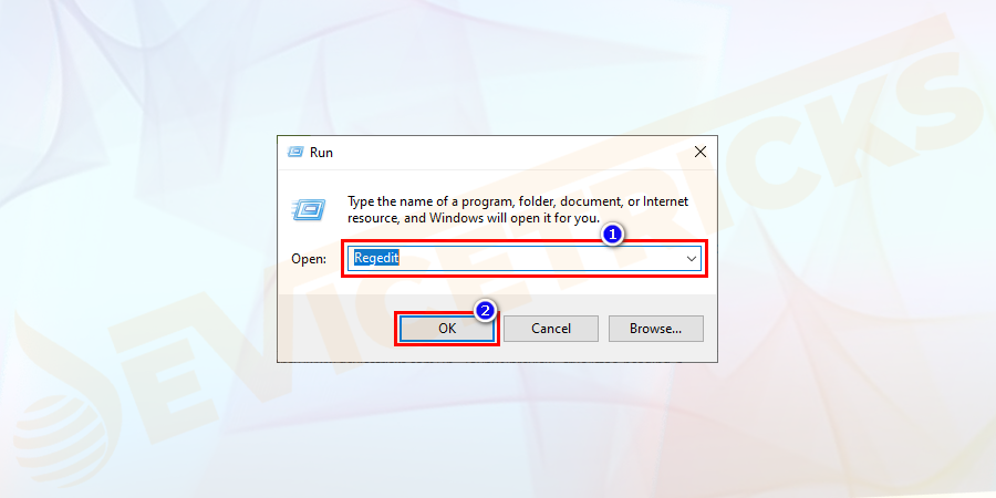 Press the Windows + R keys to open Run dialog box > here type Regedit and press Enter.