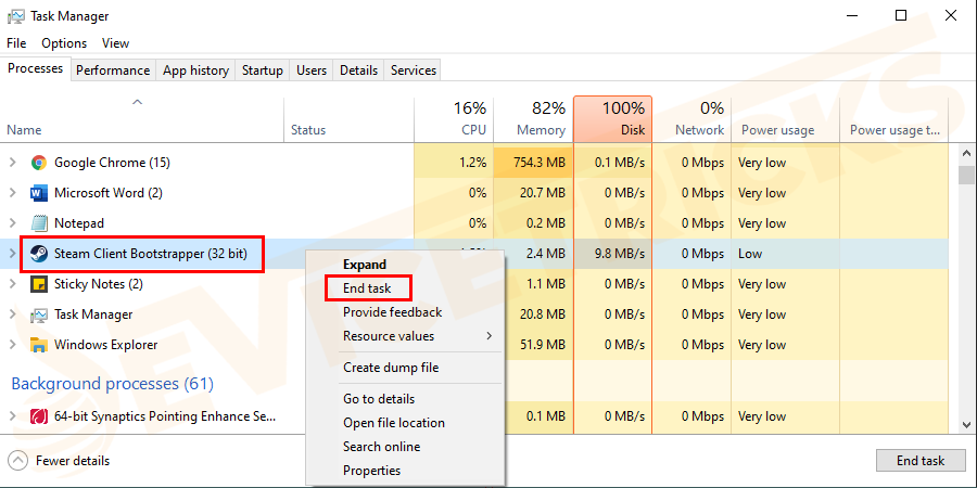 click End task or End processes.