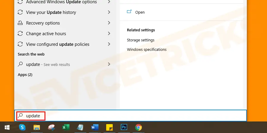 Windows Start button > type update
