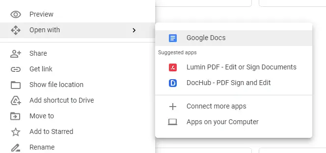Open With Google Docs to Convert PDF to Word