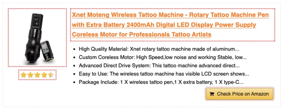 Product box generated by the amazon affiliate wordpress plugin